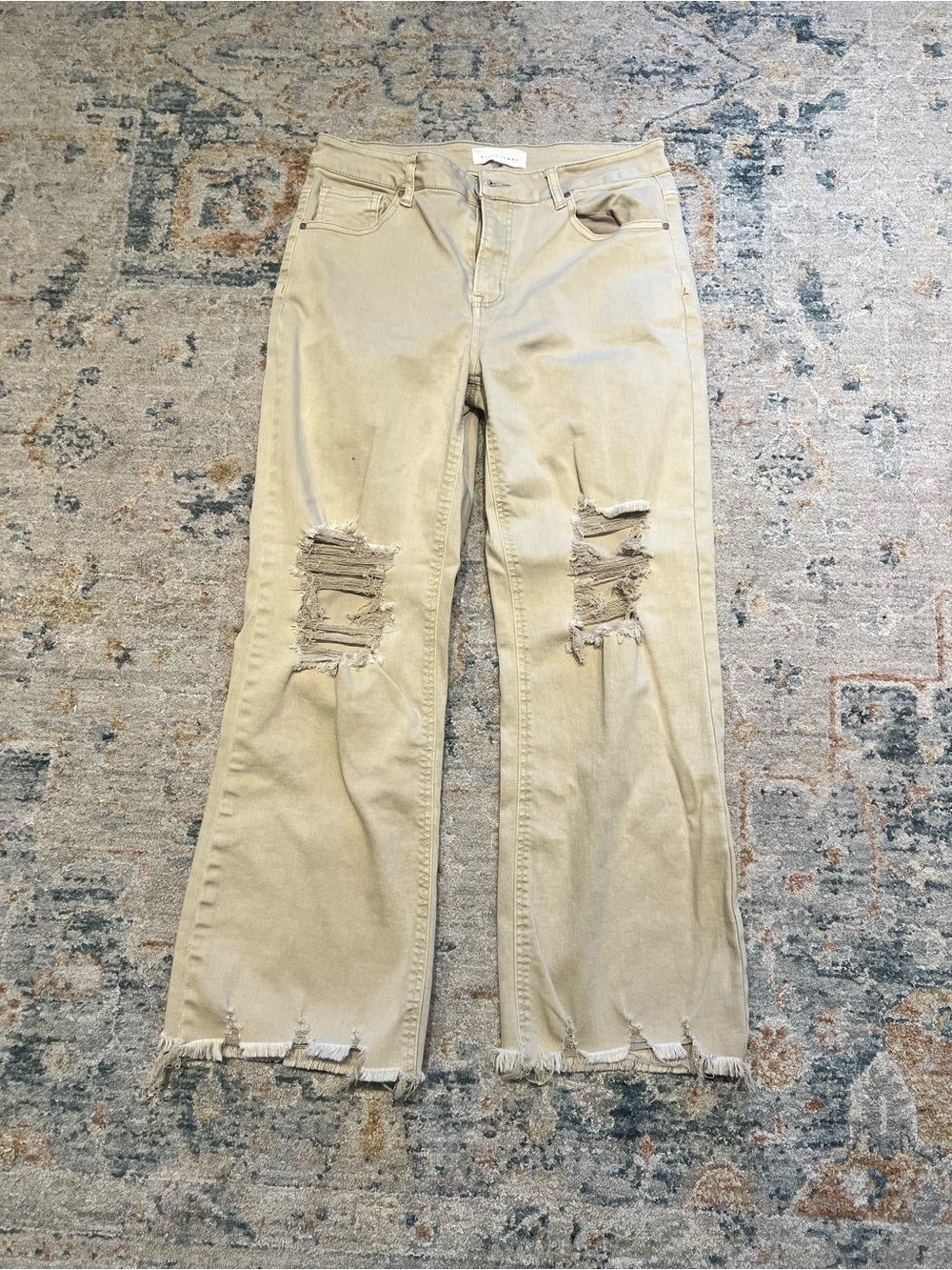 Distressed Ankle Wide-Leg Jeans in Light Beige